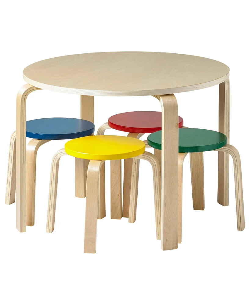 ECR4Kids Bentwood Round Table and Stool Set, Assorted, 5-Piece