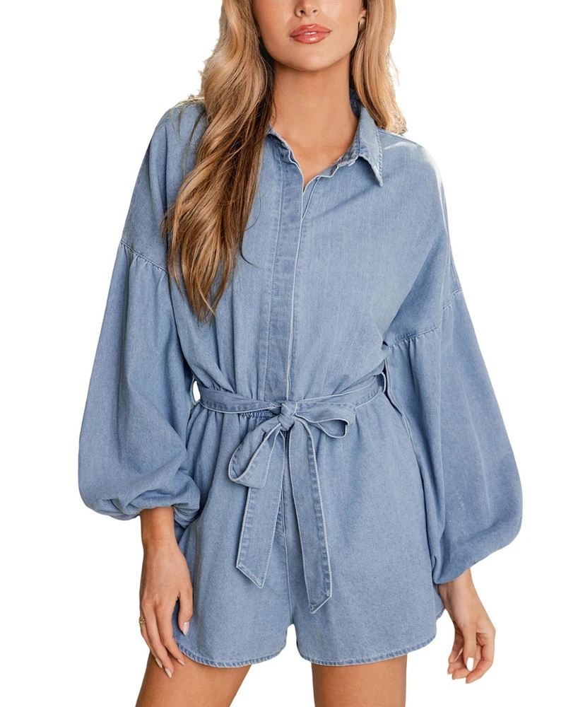 Cupshe Women's Denim Puff-Sleeve Tie-Waist Romper