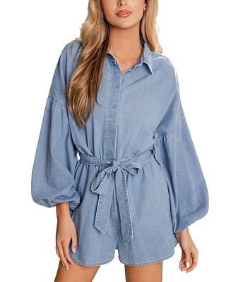 Cupshe Women's Denim Puff-Sleeve Tie-Waist Romper