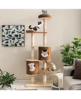 Sugift 6-Tier Wooden Cat Tree with 2 Removeable Condos Platforms and Perch