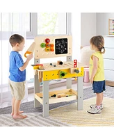 Skonyon Wooden Pretend Play Workbench Set with Blackboard for Toddlers Ages 3+