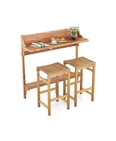 Gouun 3 Pieces Patio Acacia Wood Bar Table Set with Footrest Curved Wood Seat