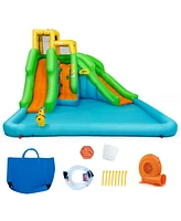 Gymax Inflatable Water Park Bounce House Two-Slide Bouncer w/ Climbing Wall & 550W Blower