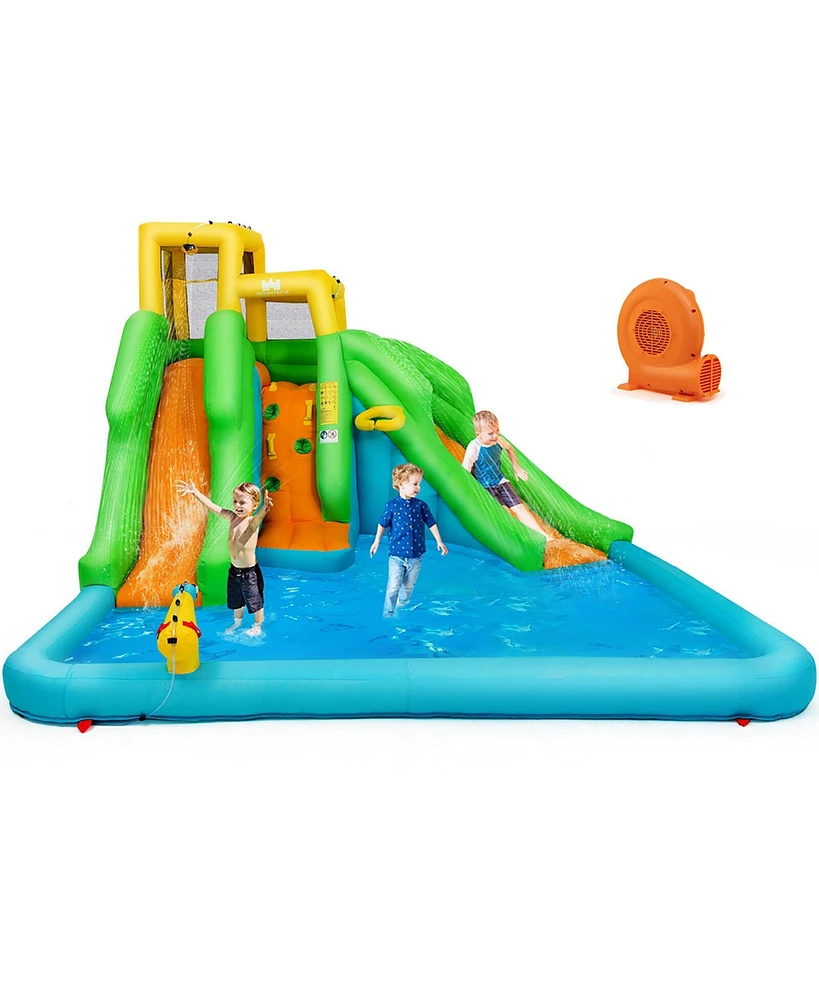 Gymax Inflatable Water Park Bounce House Two-Slide Bouncer w/ Climbing Wall & 550W Blower