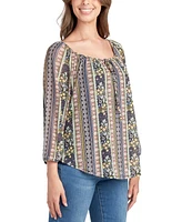 Bcx Juniors' Printed-Mesh Peasant 3/4-Sleeve Top