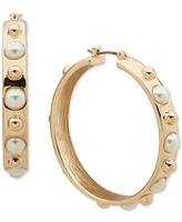 Anne Klein Gold-Tone Imitation Pearl & Polished Bead Medium Hoop Earrings, 1.44"