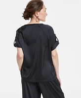 Jm Collection Women's Satin Split-Neck Short-Sleeve Top, Exclusively at Macy's