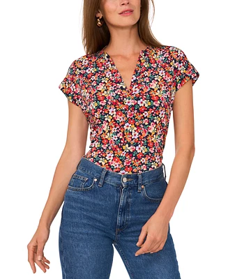 Vince Camuto Women's Floral-Print Split-Neck Cap-Sleeve Top