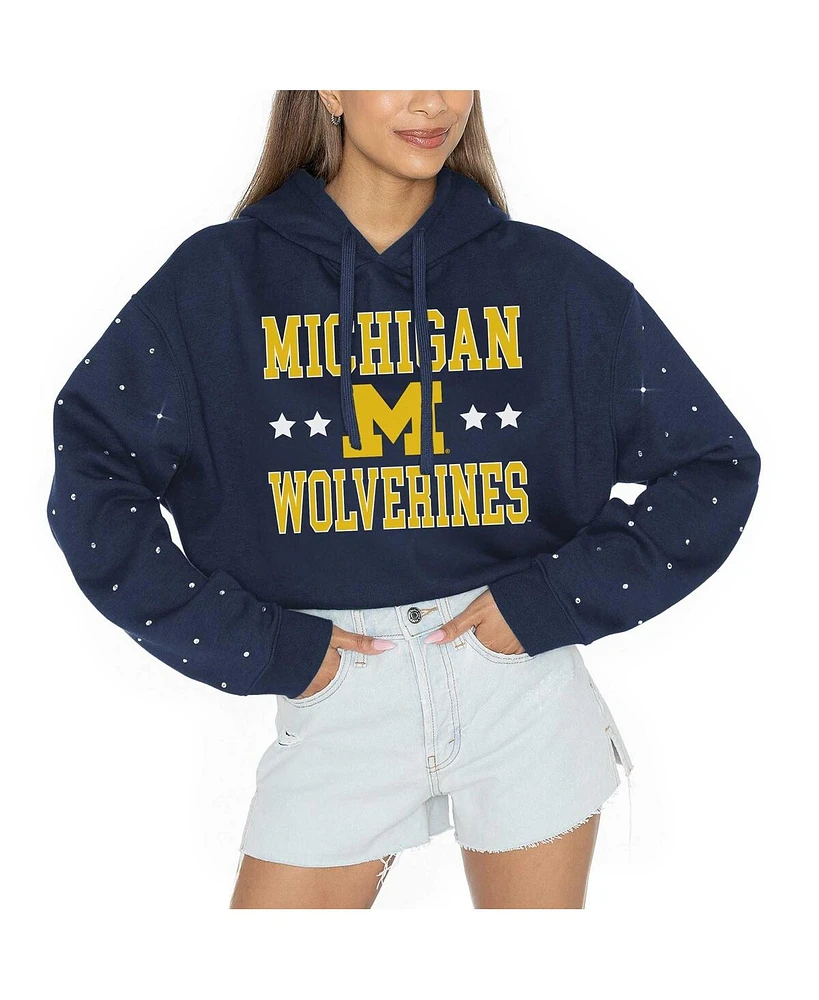 Gameday Couture Women's Navy Michigan Wolverines Can't Lose Rhinestone Cropped Pullover Hoodie