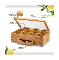 Bambusi Bamboo Tea Bag Organizer - Tea Organizer: Wooden Tea Box with 8 Compartments, Acrylic Window, and Magnetic Lid, Keeps Tea Bags Fresh