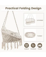 Gouun Hand-Woven Rope Hanging Chair with Thick Cushion and Folding Metal Frame