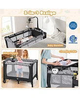 Gymax Portable Baby Playard Nursery Center Crib Bassinet w/ Hanging Toys & Music Box