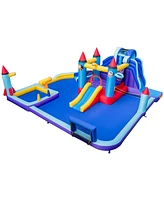 Costway Rocket Theme Inflatable Water Slide Park with 2 Slides Splash Pool & 950W Blower