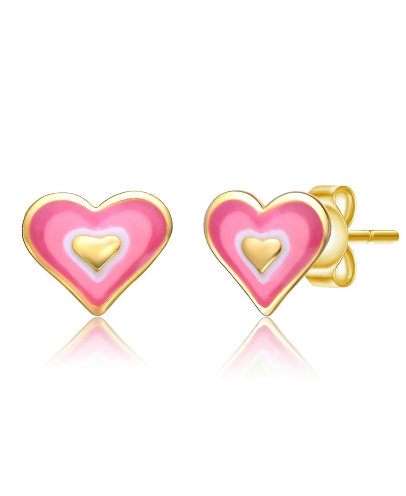 GiGiGirl Sterling Silver 14K Gold Plated Pink & White Enamel Heart Stud Earrings