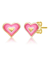 GiGiGirl Sterling Silver 14K Gold Plated Pink & White Enamel Heart Stud Earrings