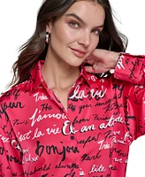 Karl Lagerfeld Paris Women's Satin Printed Oversized Button-Front Top