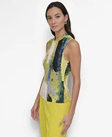 Dkny Petite Printed Twisted Crewneck Keyhole Sleeveless Top