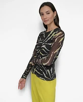 Dkny Women's Printed Mesh Long-Sleeve Top