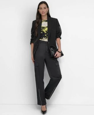 Dkny Womens Ponte Single Button Front Twill Blazer Printed Logo Crewneck Top Sateen Zip Hem Straight Leg Cargo Pants