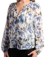 Bcx Juniors' Sheer-Print Long-Sleeve Button-Front Blouse