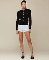 Avec Les Filles Womens Button Front Rib Knit Cardigan Faux Leather Pitched Hem Shorts