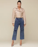 Avec Les Filles Women's Wide-Shoulder Cropped Biker Jacket