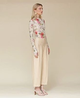 Avec Les Filles Womens Wildflower Printed Long Sleeve Mesh Top Faux Leather Darted Waist Pants