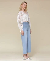 Avec Les Filles Womens Cropped Puff Sleeve Shirt Wide Leg Jeans