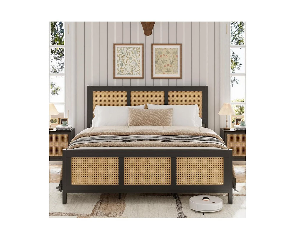 gaomon King Size Rattan Bed Frame with Headboard, Black Boho Cane Platform Bed Frame with Strong Metal Slat, Noise Free