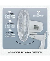 Hurricane Supreme 12 Inch Oscillating 3 Speed Portable Wall Mount Fan, White