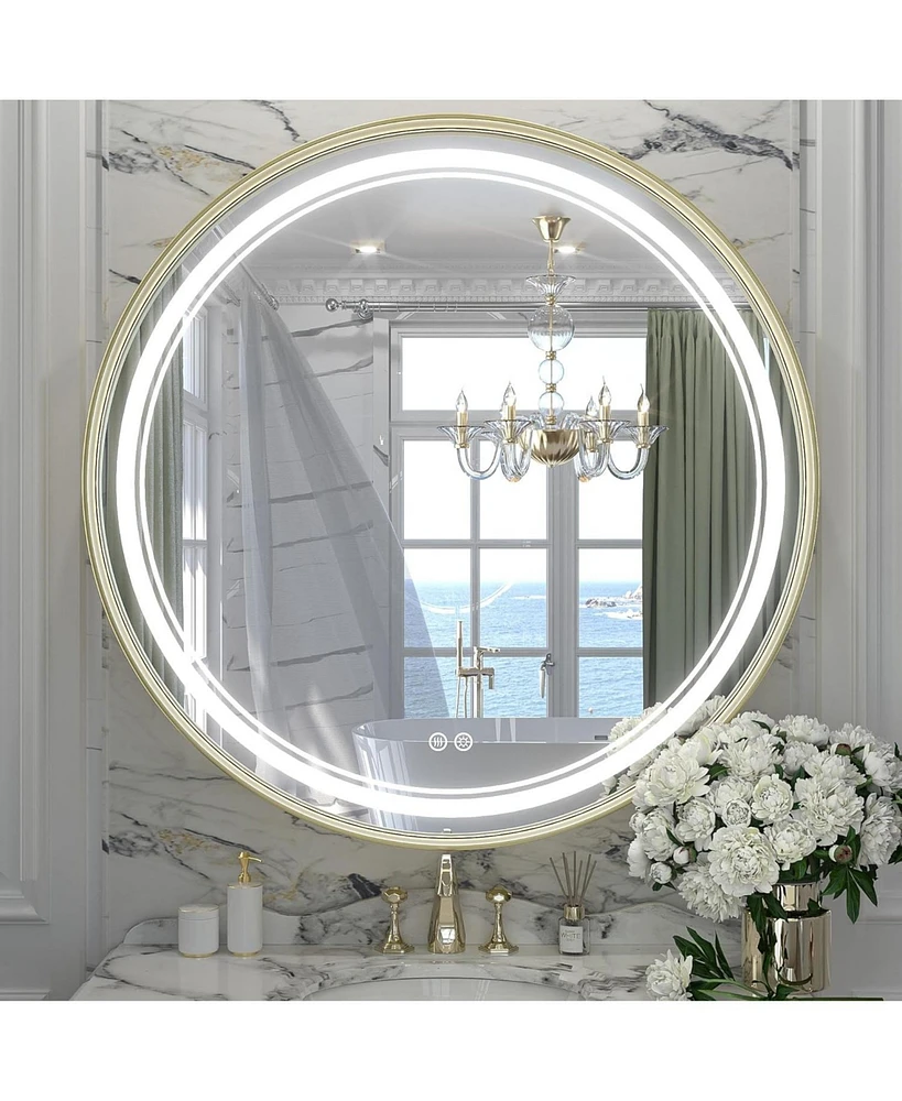 keonjinn Round Vanity Mirror Led Lighted Metal Wall Mirror Dimmable Bathroom Mirror