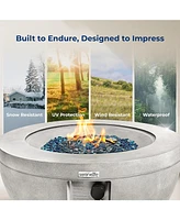 SereneLife 40,000 Btu Round Propane Gas Fire Pit Table with Blue Glass Rocks and Cover