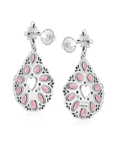 American West Jewelry Sterling Silver Pink Opal Heart Center Teardrop Dangle Earrings