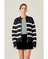 English Factory Women's Zip Up Striped Sweater