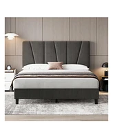 gaomon Bed Frame With Headboard,Linen Upholstered Platform Bed With Adjustable Diagonal Channel Tufted Headboard