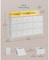 Slickblue Dresser for Bedroom with 9 Fabric Drawers, Led Lights, and Built-In Charging Station