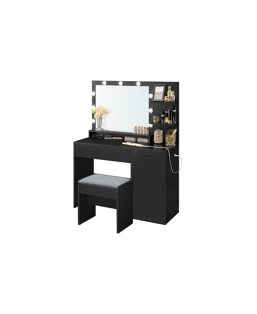 Slickblue Vanity Desk with Mirror and Lights, 43.3-Inch Wide Makeup Vanity with Upholstered Vanity Stool