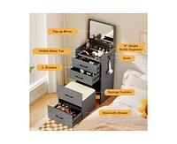 Vlsrka 3-in-1 Vanity Desk with Flip-Top Mirror, Glass Top, 3 Drawers, and Stool