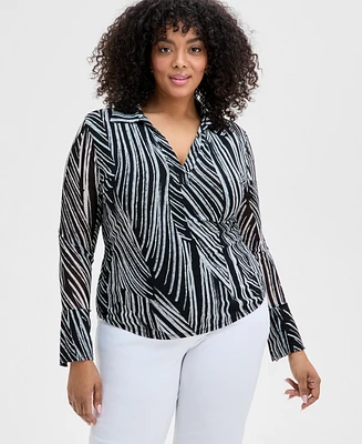 INC Plus Printed Johnny Collar Knit Top, Exclusively at Macy's