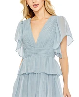 Mac Duggal Women's Flutter Sleeve Ruffle Tiered Gown