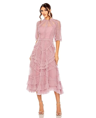 Women's High Neck Puff Sleeve Ruffle Tiered Dress