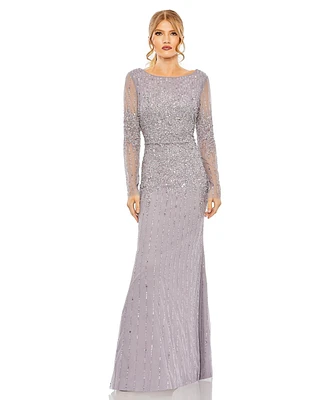 Women's High Neck Sequin Embellished Long Sleeve A Line Gown