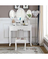 Sugift Vanity Set with Tri-Folding Mirror and Cushioned Stool