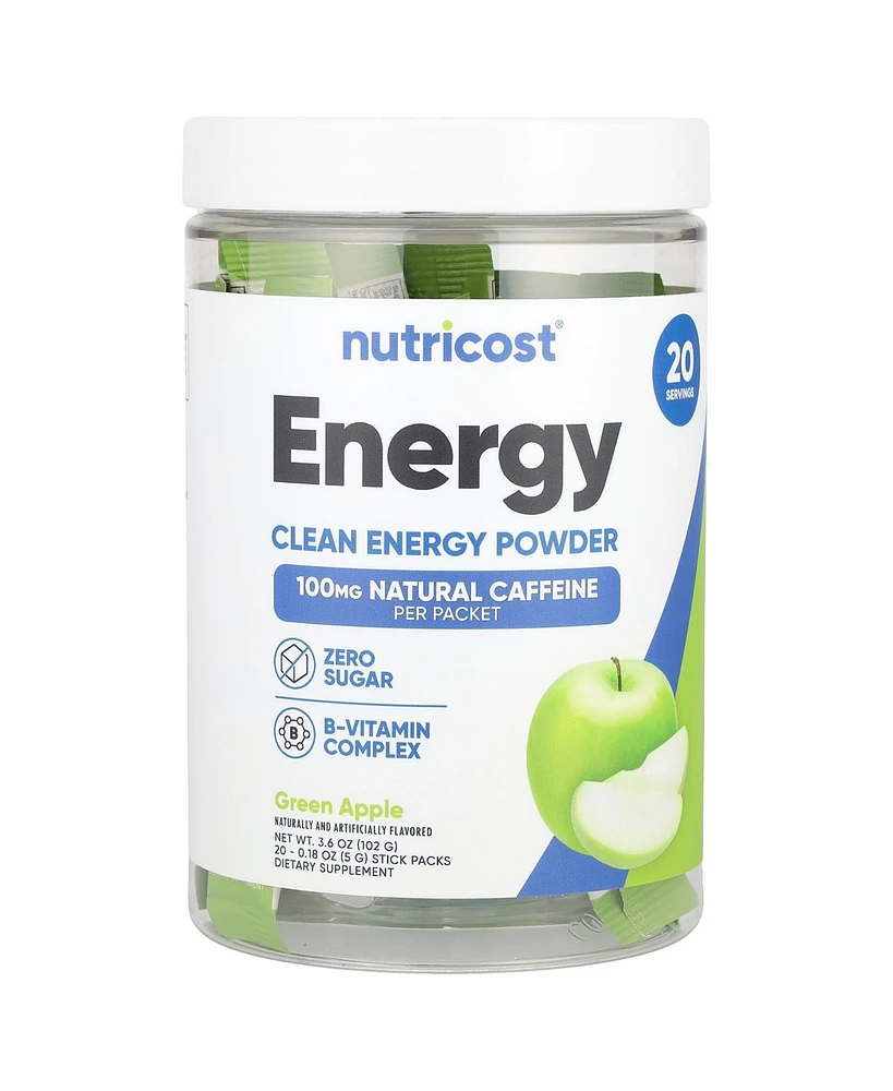 Nutricost Energy Clean Energy Powder Green Apple 20 Stick Packs