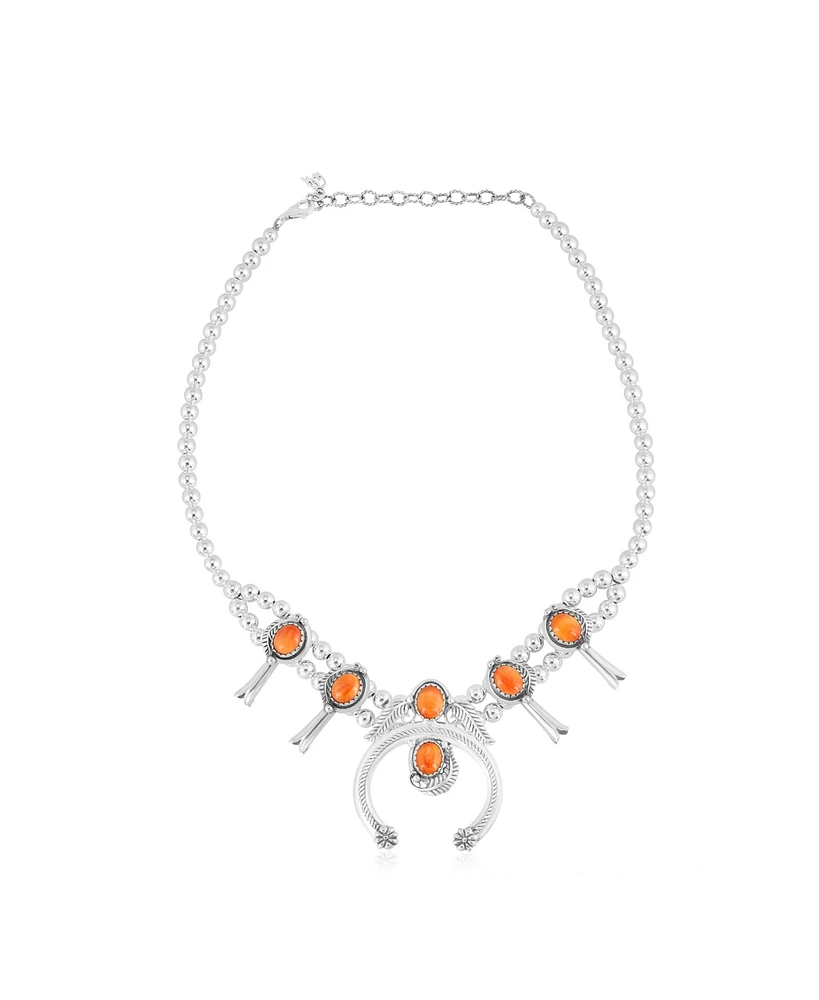 American West Jewelry Sterling Silver Orange Spiny Oyster Squash Blossom Necklace 17 to 20 Inches