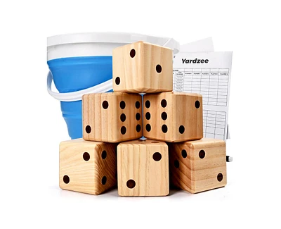 ropoda 3.5" Giant Wooden Yard Dice Set，includes 6 Dice, Collapsible Bucket, Score Cards & Dry Erase Marker