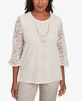 Alfred Dunner Women's Coming Up Roses Lace Woven Top with Necklace