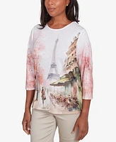 Alfred Dunner Women's Coming Up Roses Paris Scenic Crew Neck Top