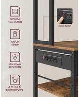 Slickblue Bakers Rack with Charging Station – Coffee Bar with Adjustable Storage Shelves, Fabric Drawer & 12 Hooks for Kitchen or Dining Room