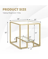 Gouun 22 Inch 2-Tier Square Sofa Side Table with Tempered Glass Tabletop